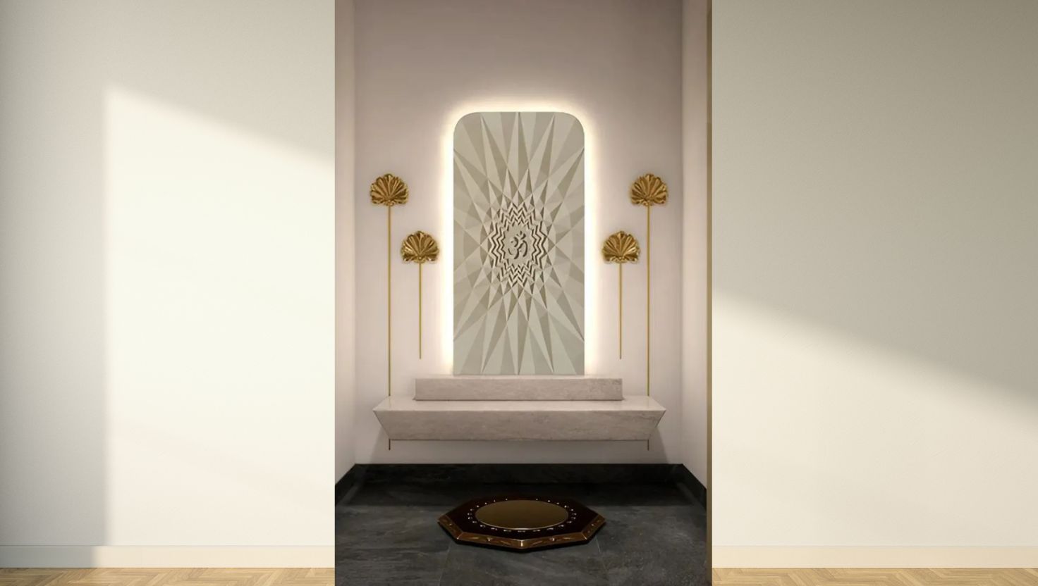 Natural stone Om carving on wall in peaceful meditation room